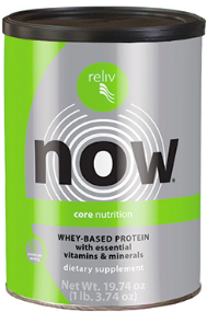 A gray and green cylinder can of Reliv Now Whey protein. 